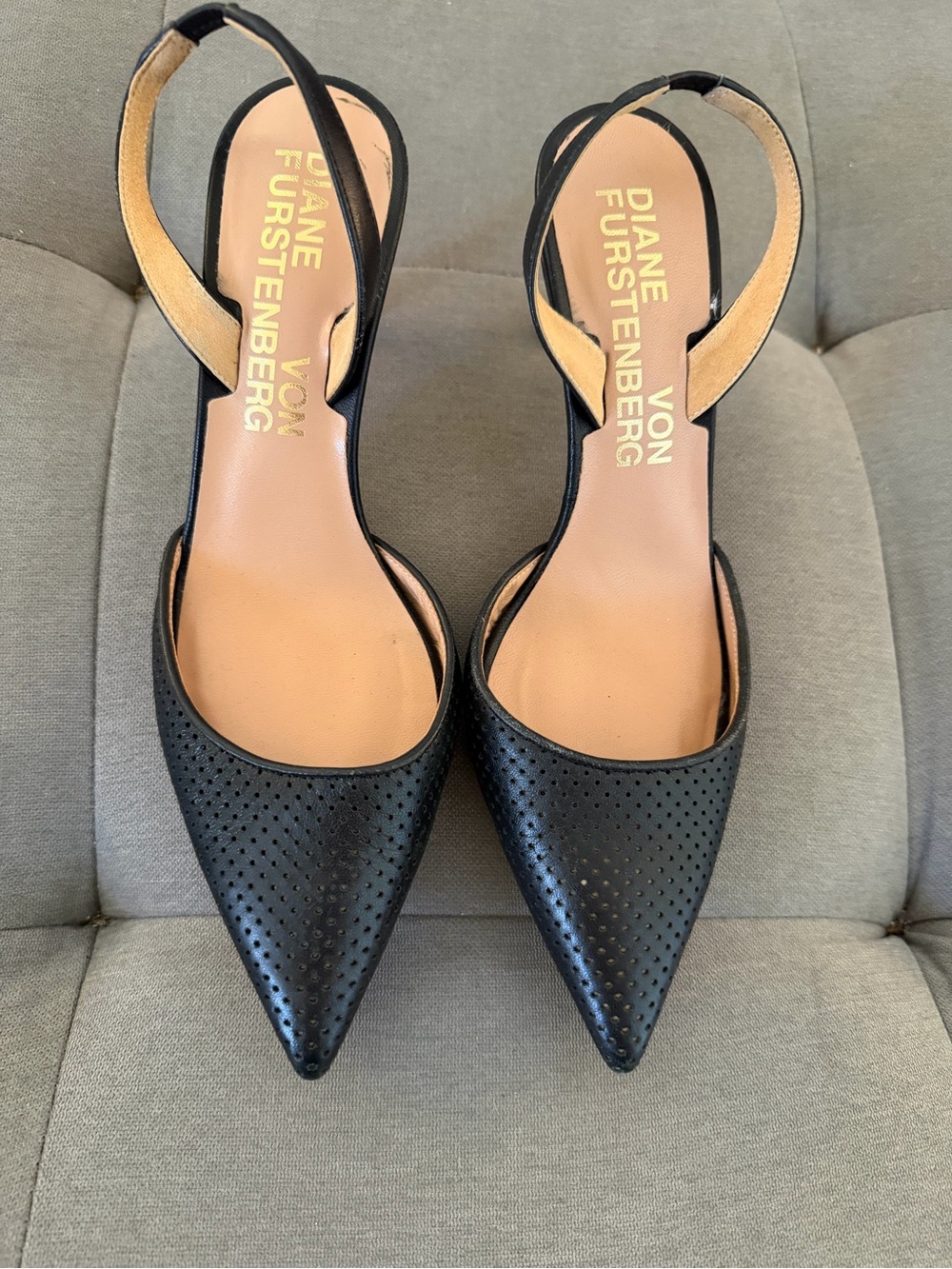 Diane Von Furstenberg Black Pointed Perforated Slingback Heels